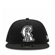 Front view of New Era California Angels Black White 9FIFTY Snapback Hat featuring white embroidered CA logo on black structured crown