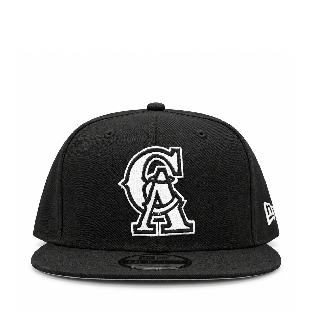 Front view of New Era California Angels Black White 9FIFTY Snapback Hat featuring white embroidered CA logo on black structured crown