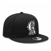 Left angle view of New Era California Angels Black White 9FIFTY Snapback Hat with raised white CA embroidery and flat brim