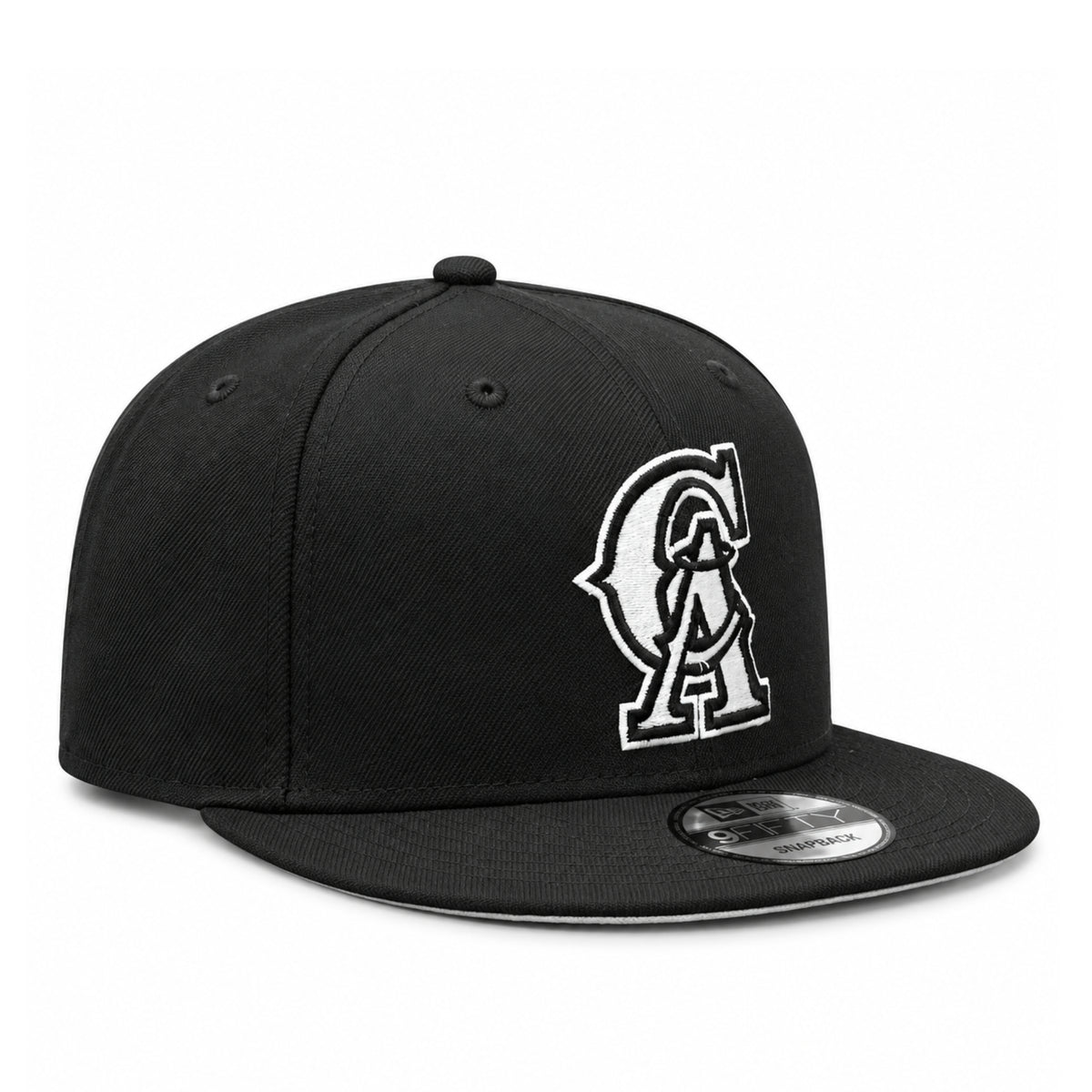 Left angle view of New Era California Angels Black White 9FIFTY Snapback Hat with raised white CA embroidery and flat brim