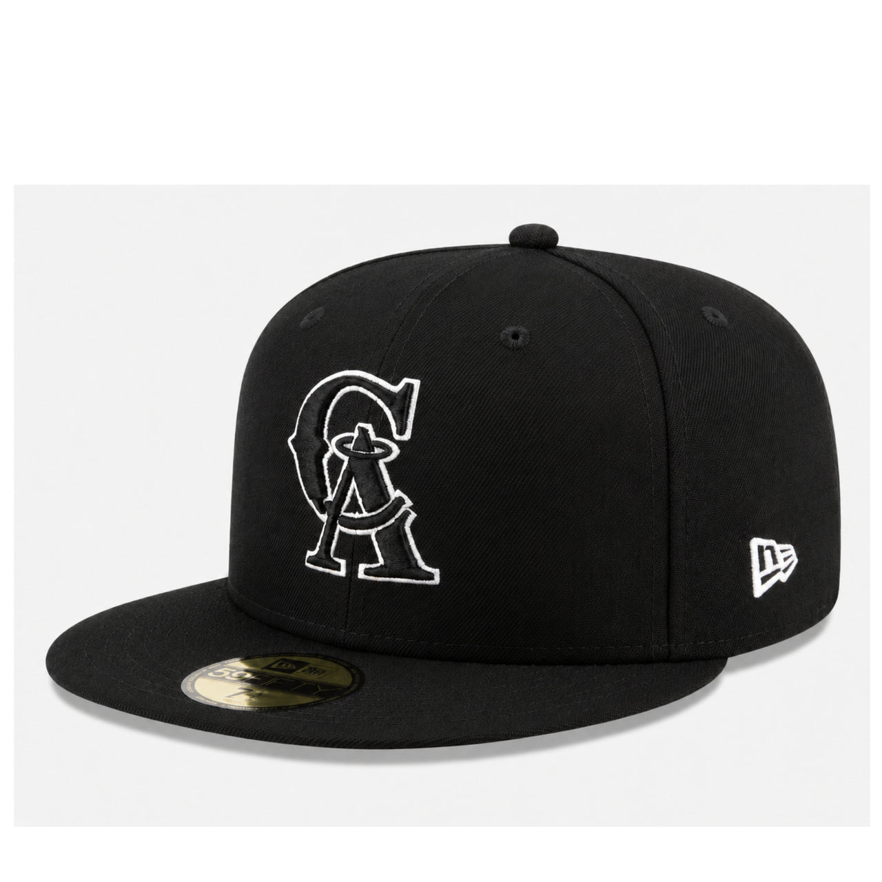 New Era 59Fifty California Angels Black White Outlined Fitted Hat front angle view
