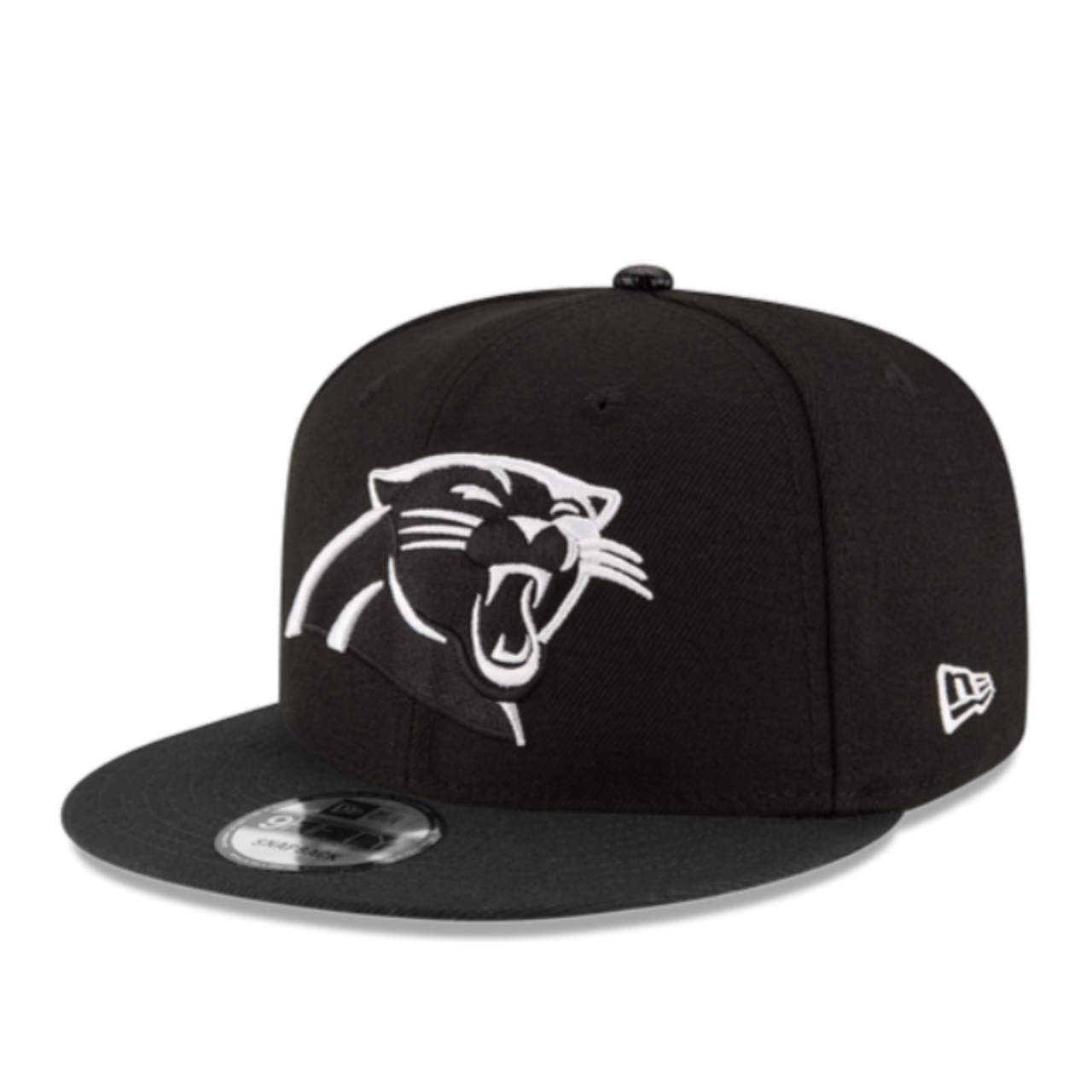 New Era Carolina Panthers Black White 9Fifty Snapback Hat front angle view