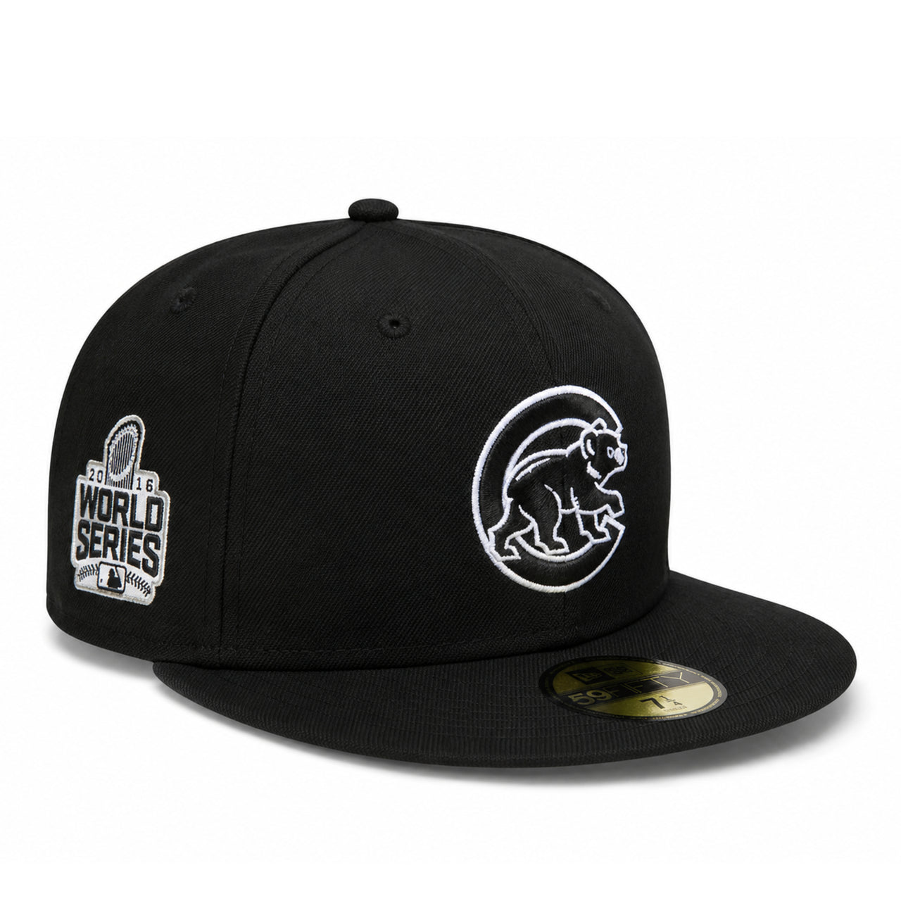 New Era Chicago Cubs Bear 2016 World Series Black 59FIFTY Fitted Hat front right angle view