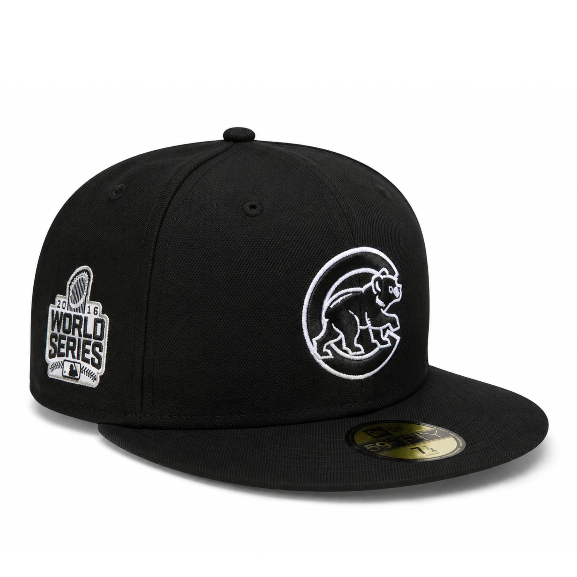 New Era Chicago Cubs Bear 2016 World Series Black 59FIFTY Fitted Hat front right angle view