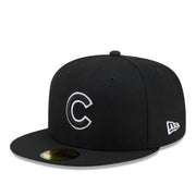 New Era Chicago Cubs Black White Outlined 59FIFTY Fitted Hat front angle view