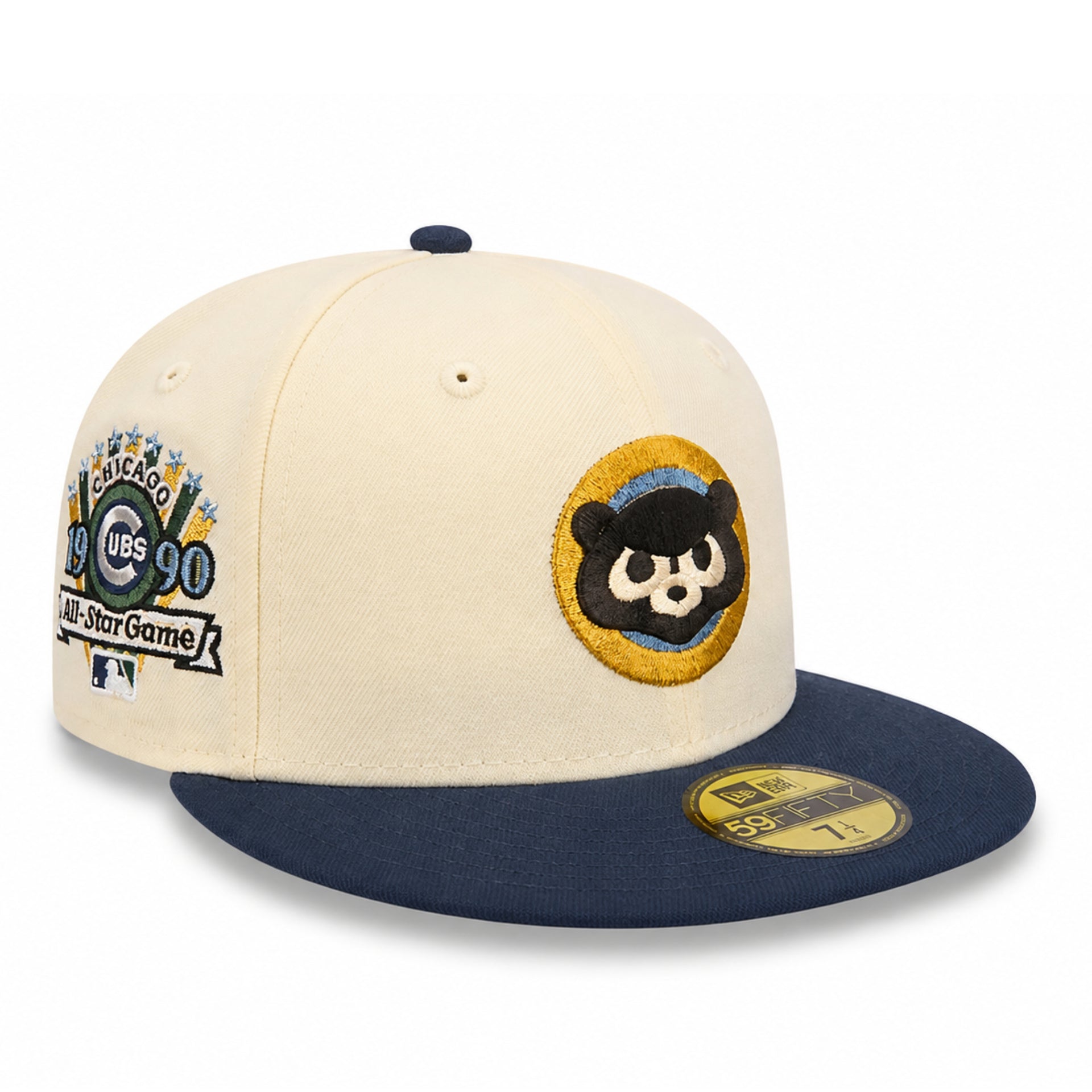 A New Era 59FIFTY fitted baseball cap featuring a cream crown and navy blue brim. The front panel has an embroidered Chicago Cubs panda patch, and the side displays a Chicago Cubs 1990 All-Star Game commemorative patch.