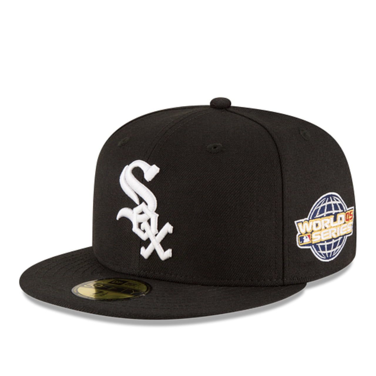 New Era Chicago White Sox 2005 World Series Black 59FIFTY Fitted Hat with side patch front left view