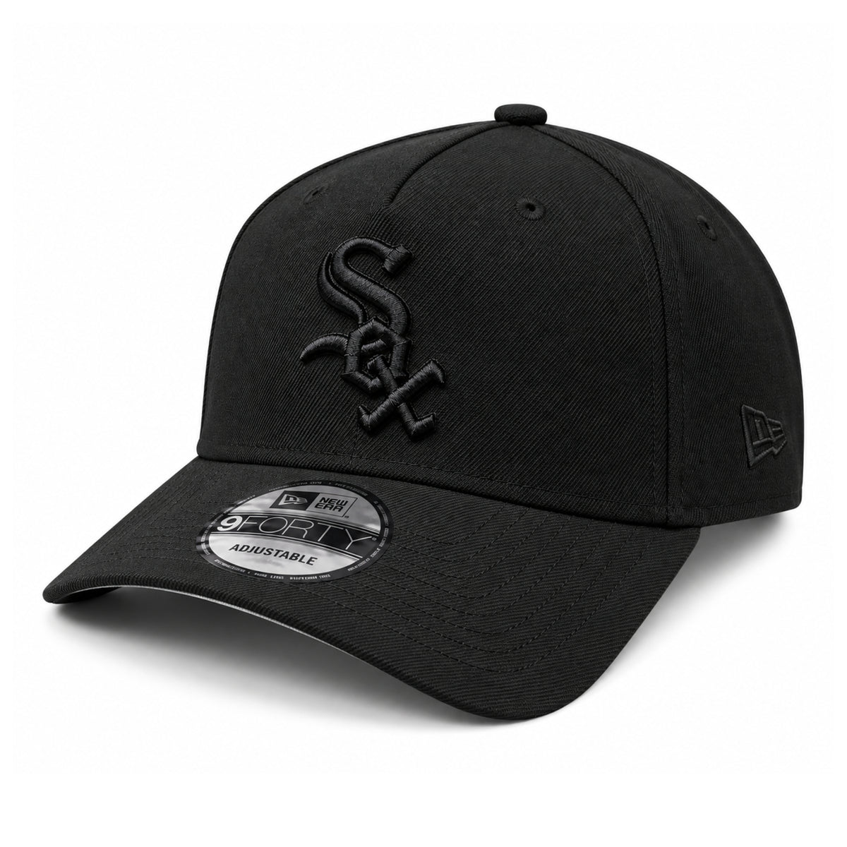 New Era Chicago White Sox Black on Black 9FORTY A-Frame Snapback Hat front angled view