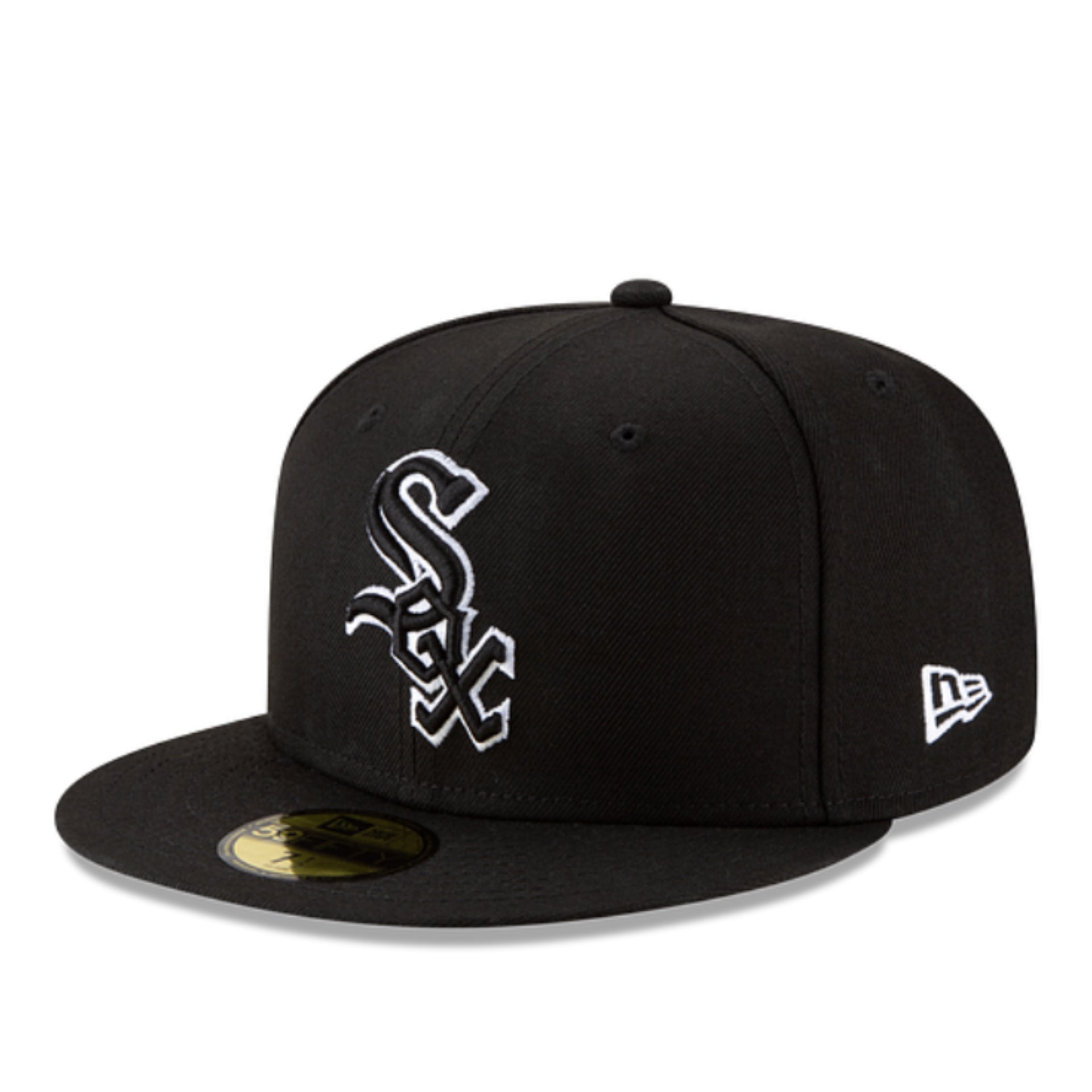 New Era Chicago White Sox Black White Outlined 59FIFTY Fitted Hat front angle view