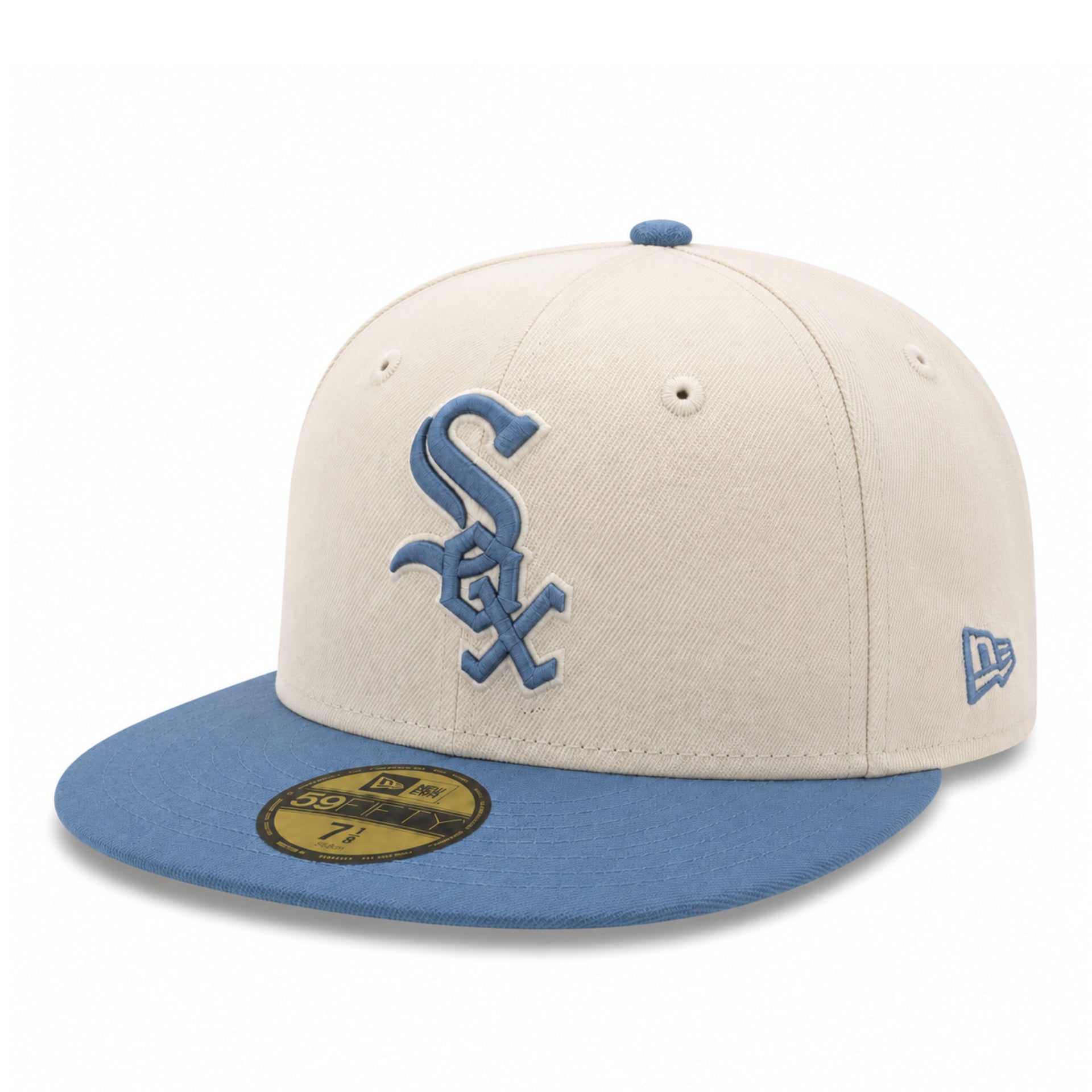 New Era Chicago White Sox Stone/Light Blue 59FIFTY Fitted Hat front left angle view