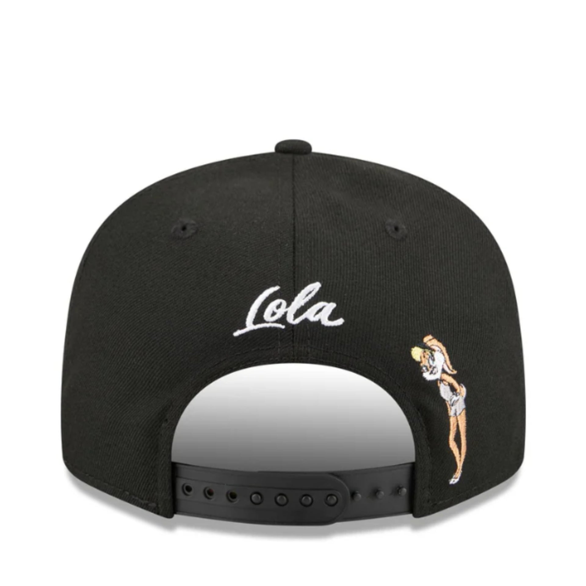 Black cap with 'Lola' branding and cartoon character on a white background