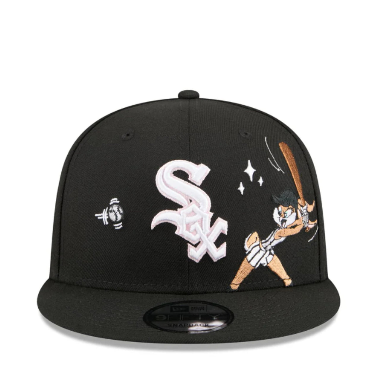 Black baseball cap with cartoon character and logo on a white background