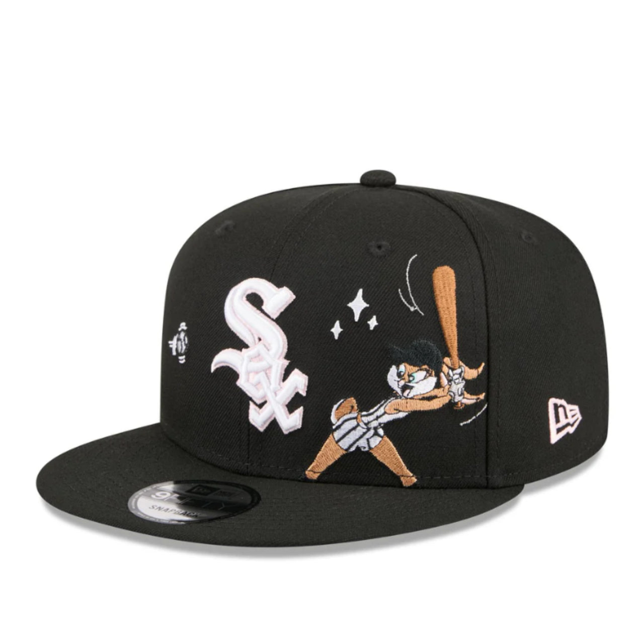 Black baseball cap with cartoon character and logo on a white background