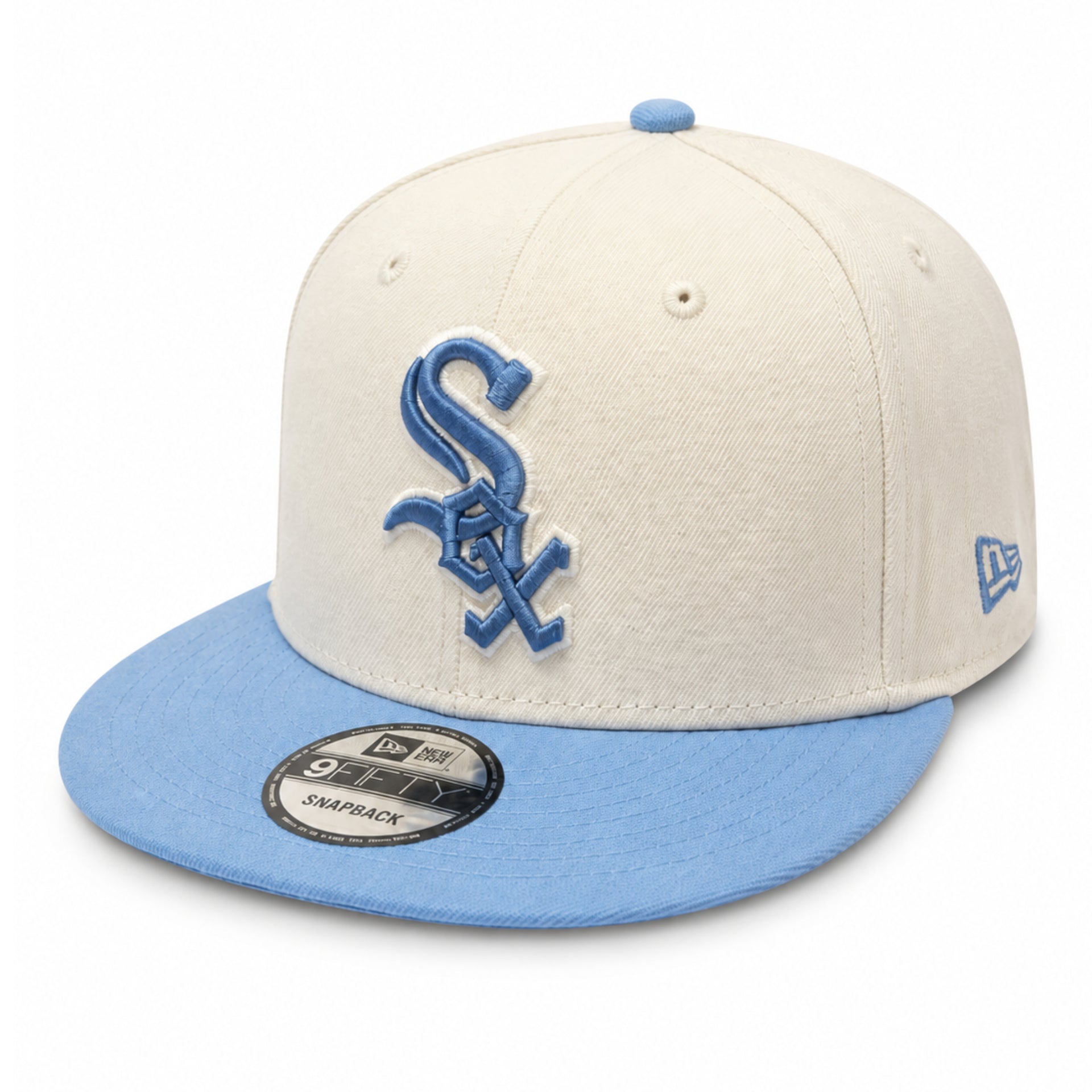 New Era Chicago White Sox Stone/Light Blue 9FIFTY Snapback Hat front angle view