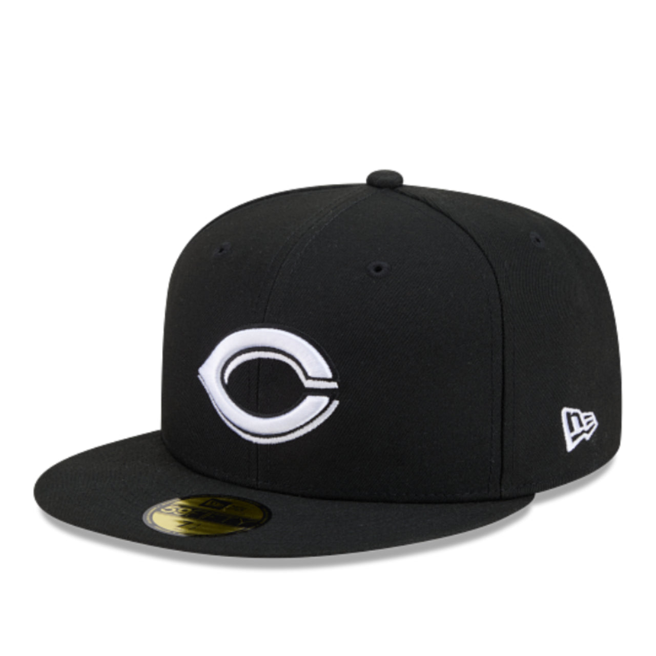 New Era Cincinnati Reds Black White 59FIFTY Fitted Hat front left angle view