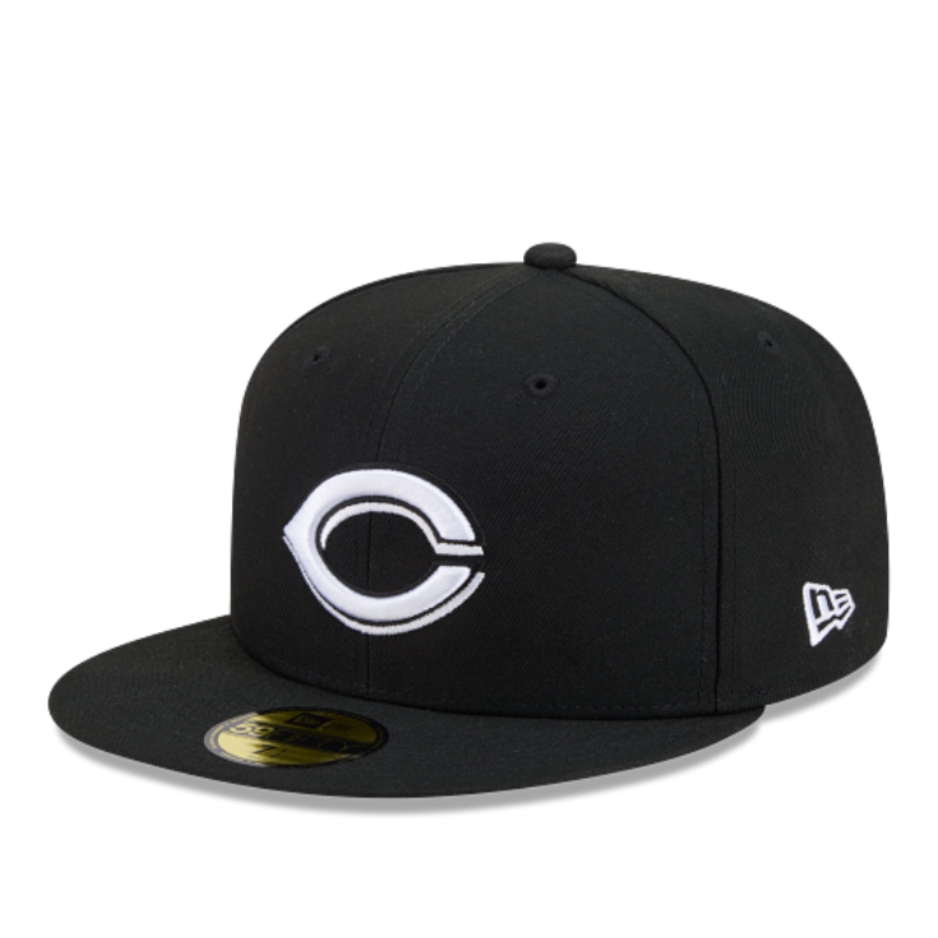 New Era Cincinnati Reds Black White 59FIFTY Fitted Hat front left angle view