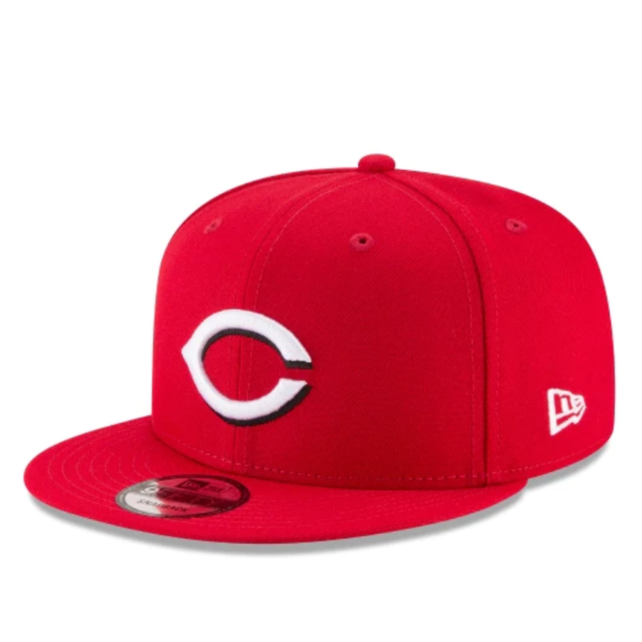 New Era Cincinnati Reds Red White 9FIFTY Snapback Hat front left angle view