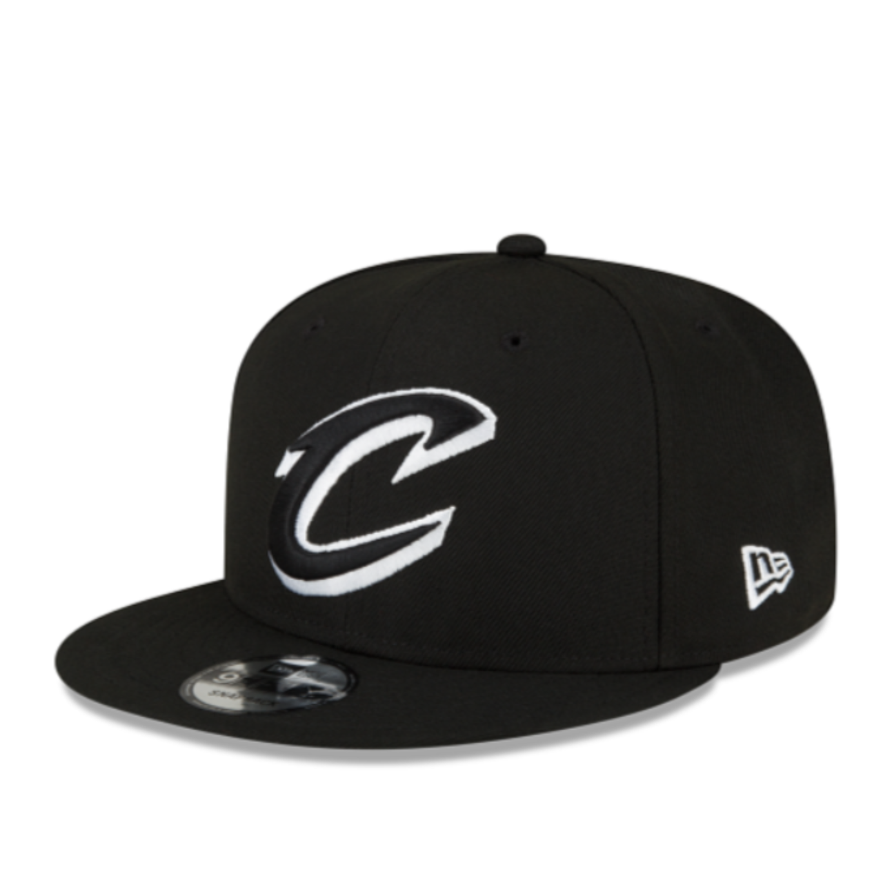 New Era Cleveland Cavaliers Black White 9FIFTY Snapback Hat front left angle view