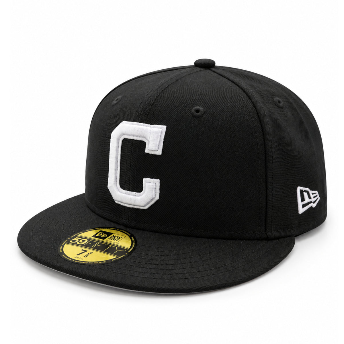 New Era Cleveland Guardians Black White 59FIFTY Fitted Hat front angled view