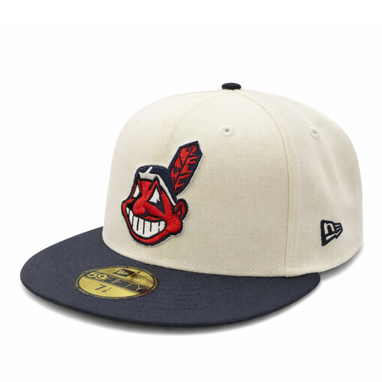 New Era Cleveland Indian Chief Wahoo 59FIFTY Fitted Hat - Chrome Navy left front view