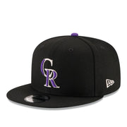 New Era Colorado Rockies CR Black 9FIFTY Snapback Hat front left view