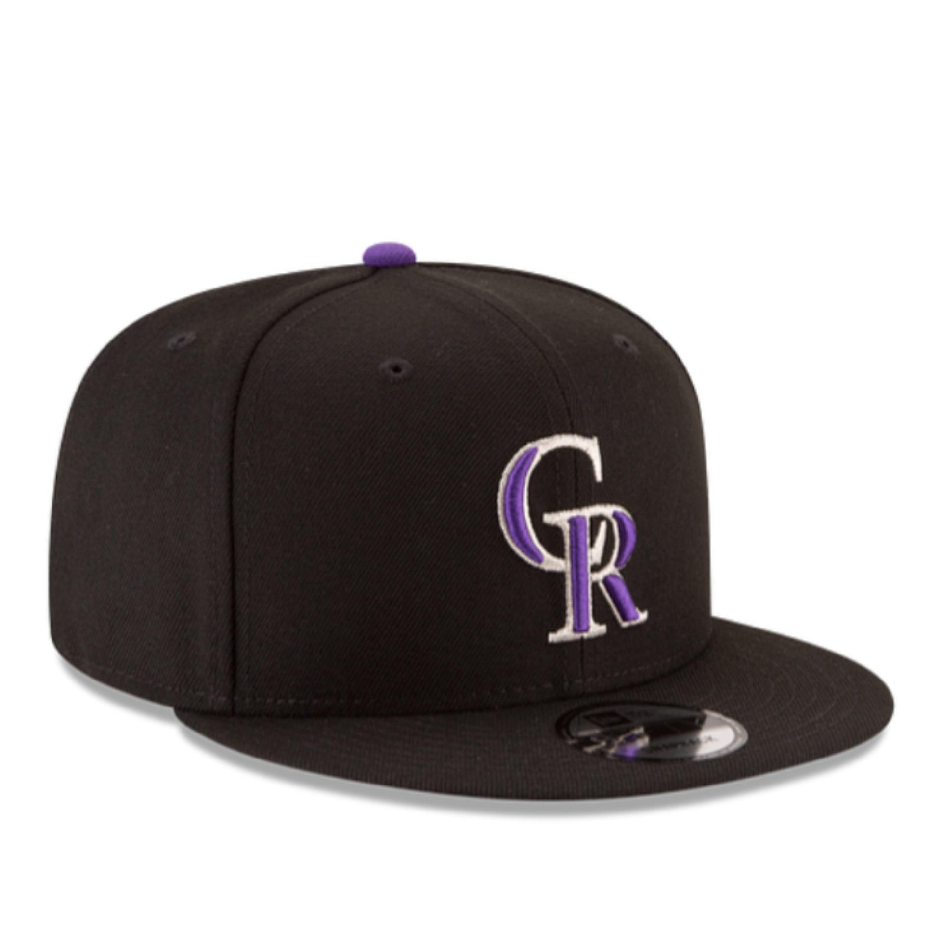 New Era Colorado Rockies CR Black 9FIFTY Snapback Hat front side right view