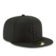 New Era Colorado Rockies CR Black on Black 59FIFTY Fitted Hat front right view 