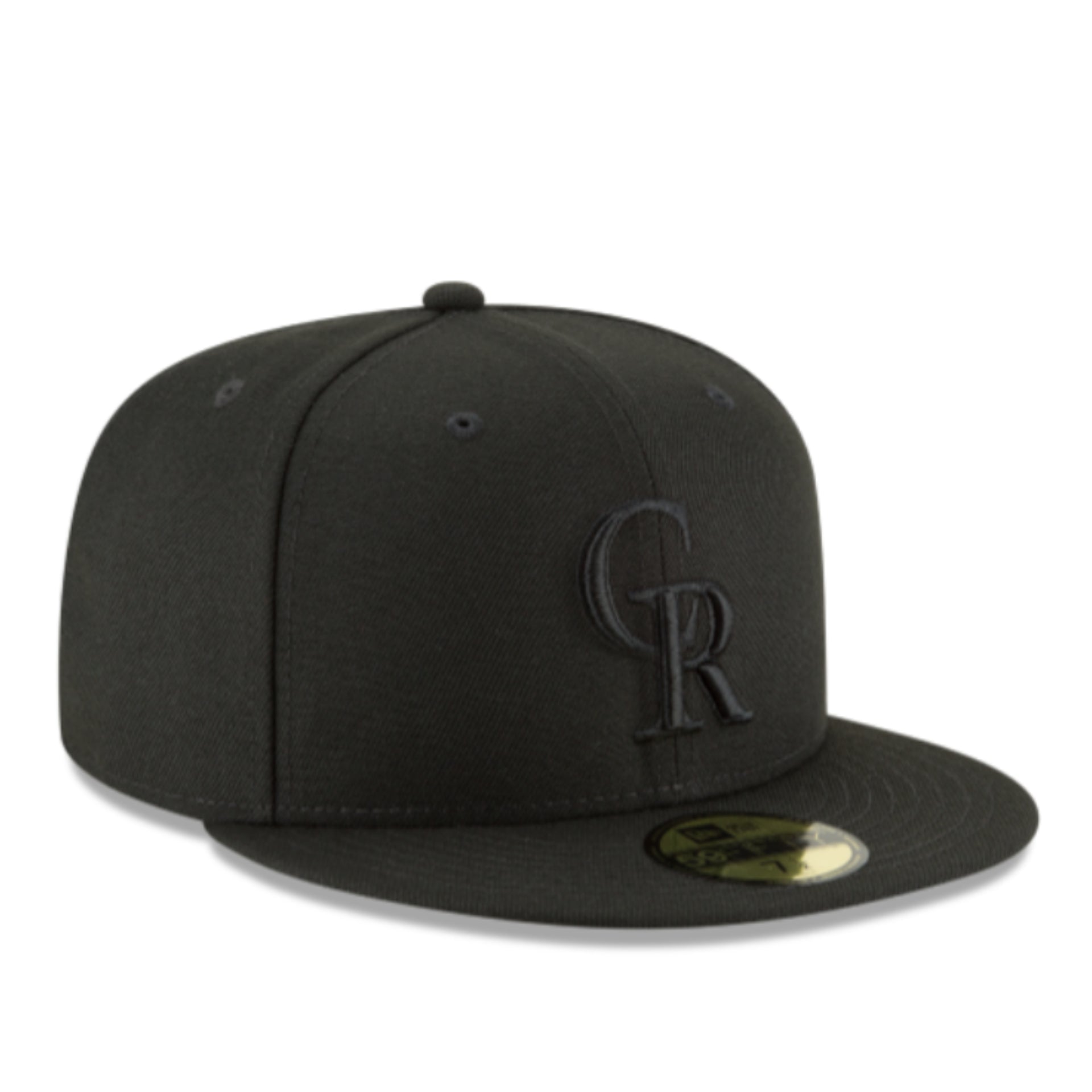 New Era Colorado Rockies CR Black on Black 59FIFTY Fitted Hat front right view 