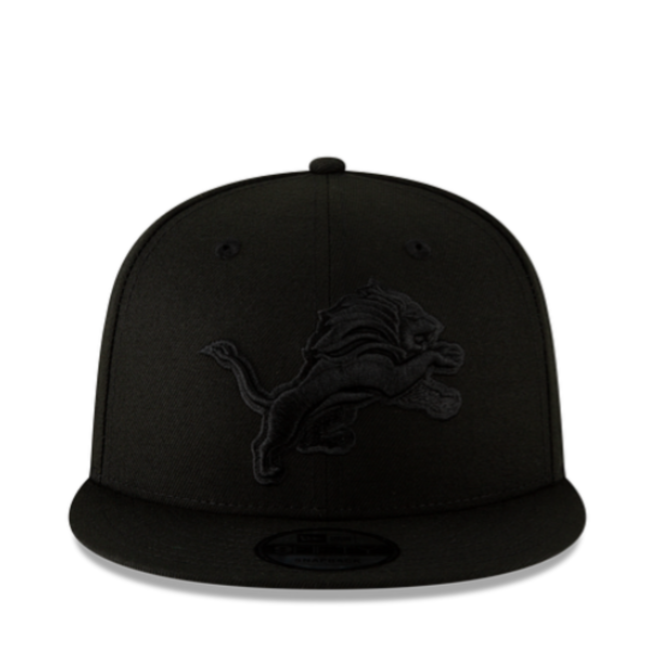 Front of New Era Detroit Lions Black on Black 9FIFTY Snapback Hat