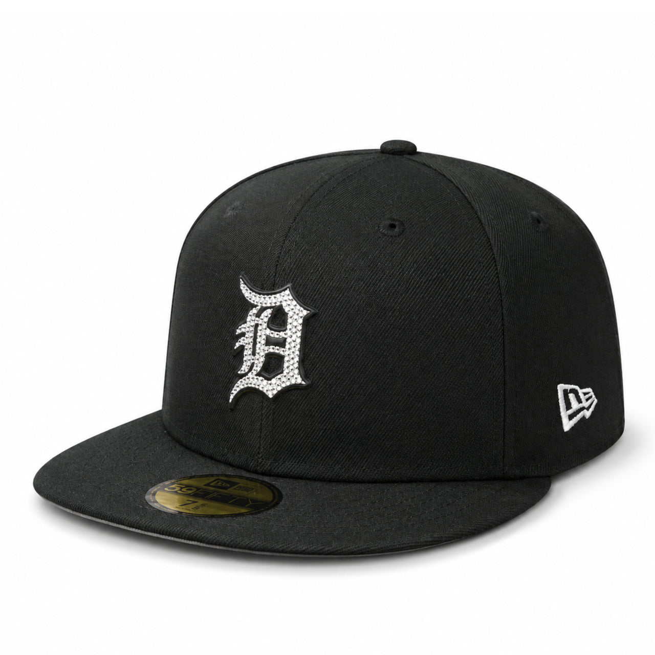 A black Detroit Tigers fitted baseball cap by New Era, featuring a white embroidered 'D' logo on the front and a white New Era flag logo on the side, set against a plain white background.