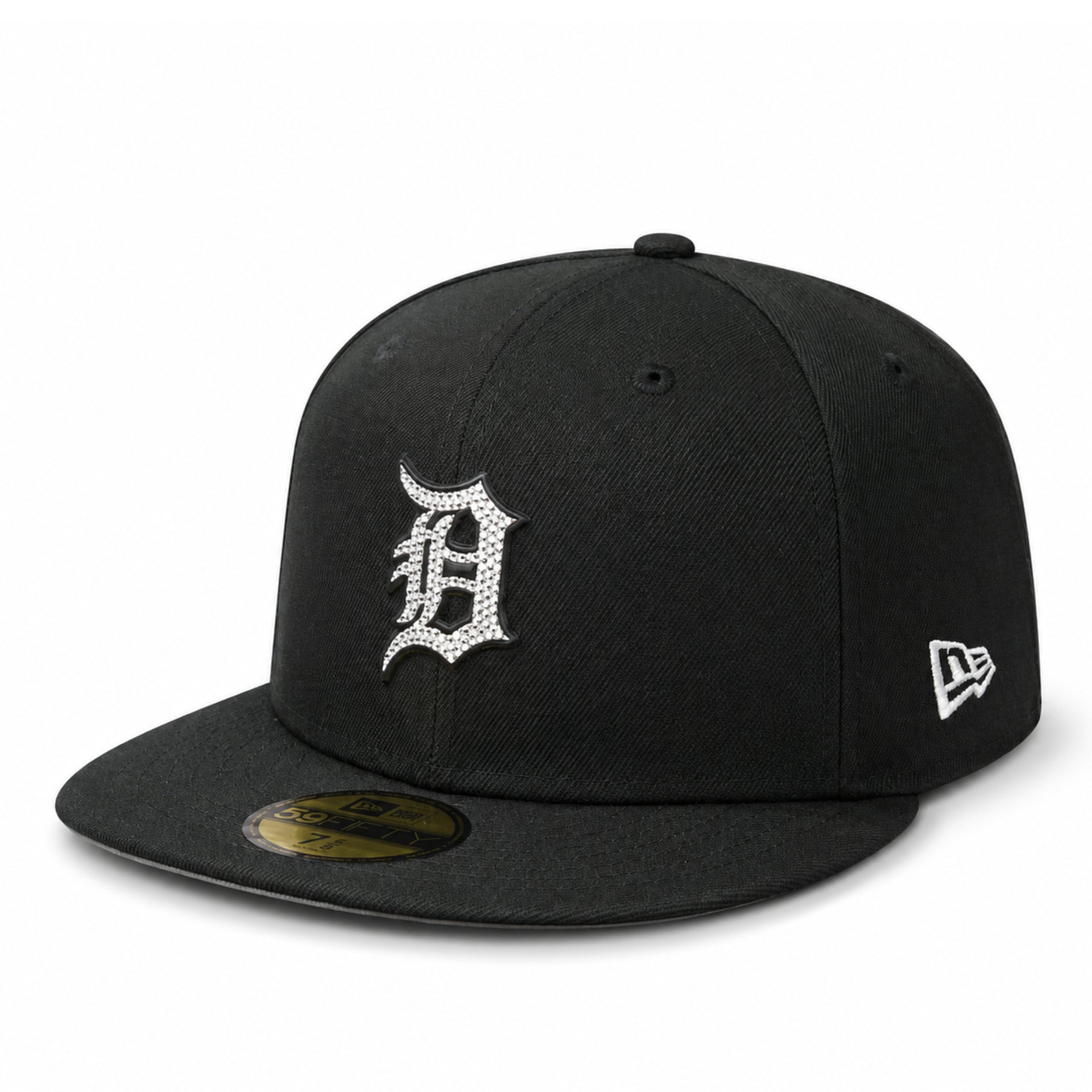 A black Detroit Tigers fitted baseball cap by New Era, featuring a white embroidered 'D' logo on the front and a white New Era flag logo on the side, set against a plain white background.