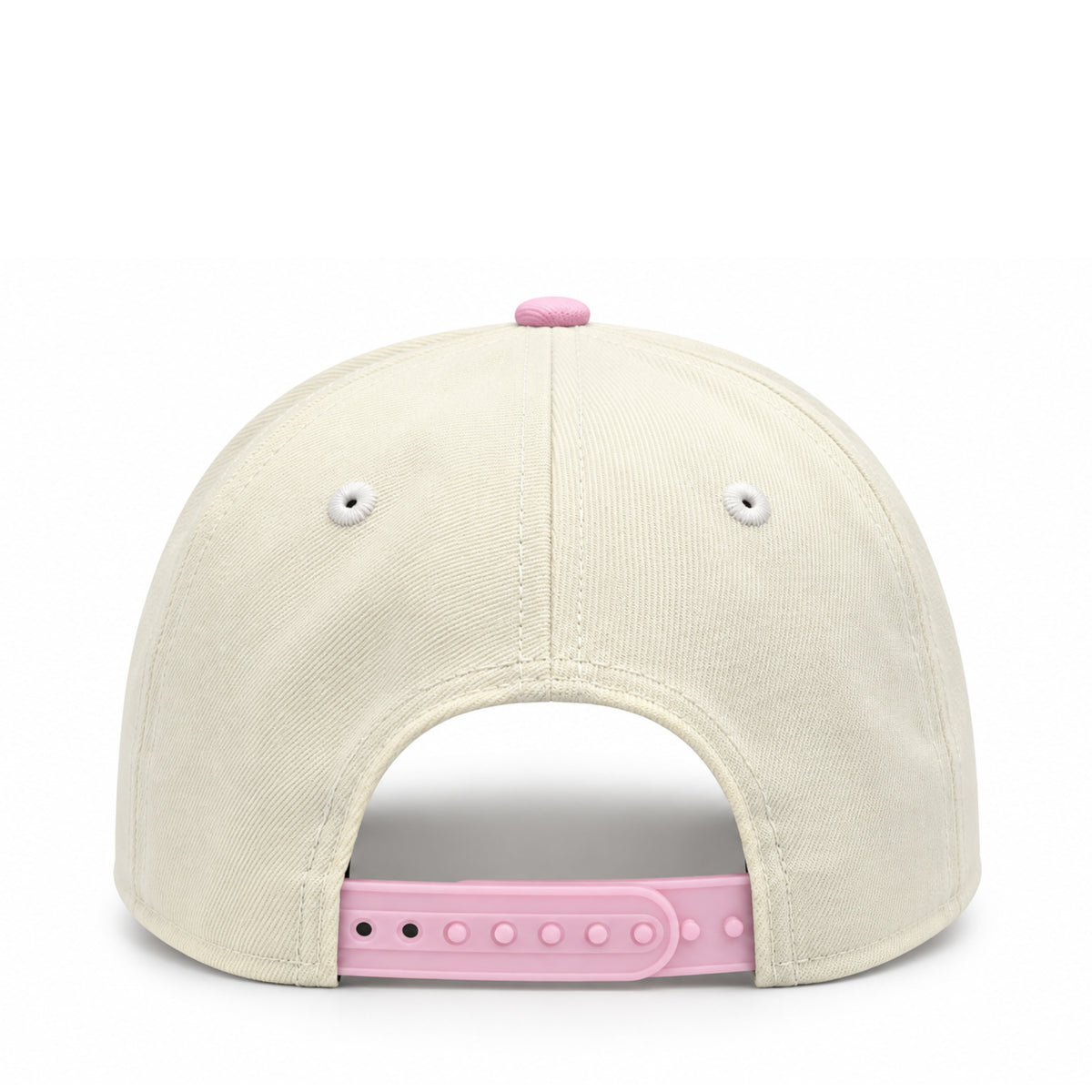 Back view of New Era Dodgers Chrome Pink 9FORTY A-Frame hat with cream panels and adjustable pink snapback closure