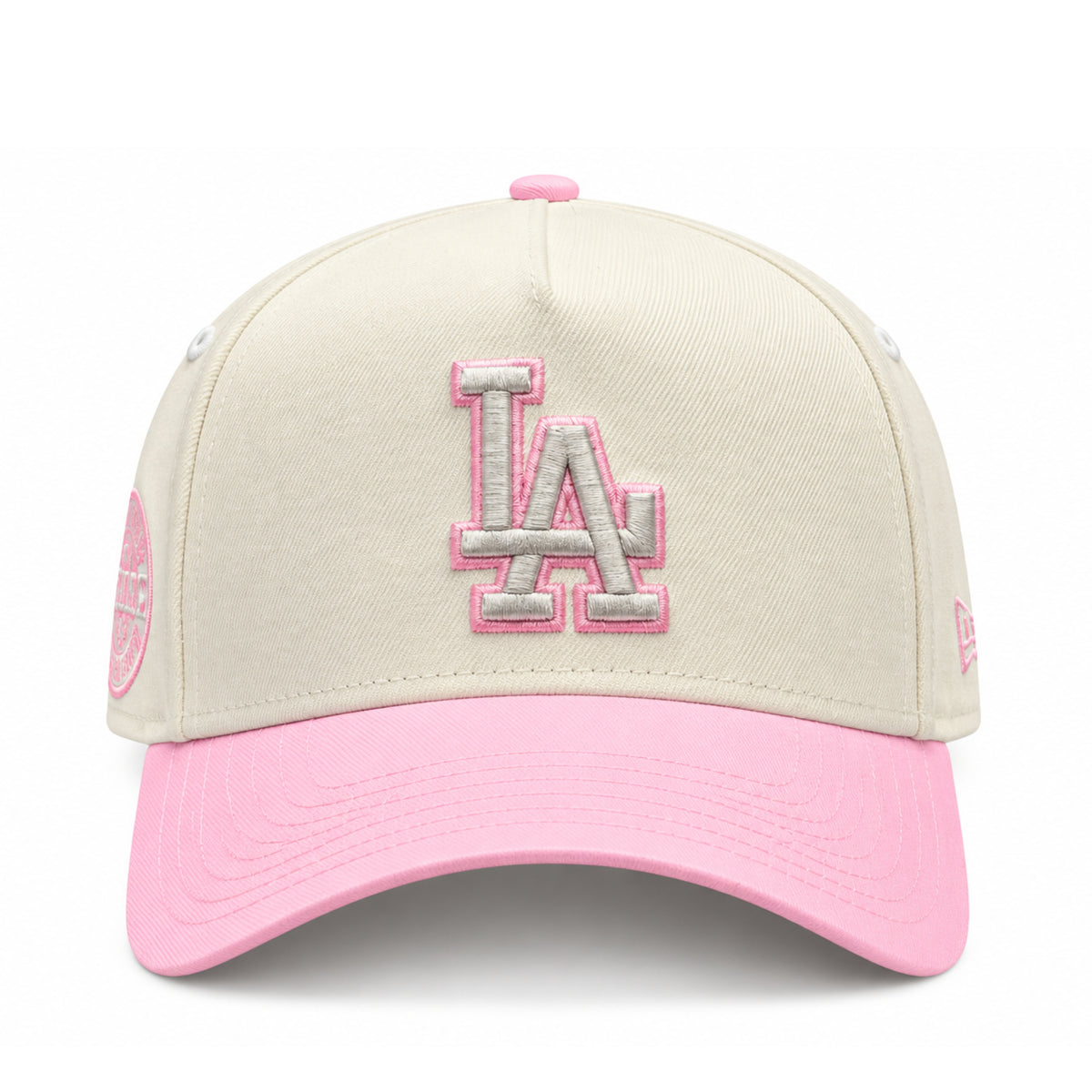 Front view of New Era Los Angeles Dodgers Chrome Pink 9FORTY A-Frame snapback featuring raised LA embroidery with pink outline