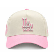 Front view of New Era Los Angeles Dodgers Chrome Pink 9FORTY A-Frame snapback featuring raised LA embroidery with pink outline