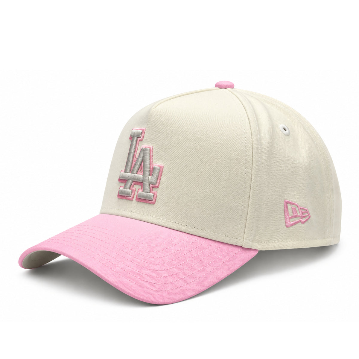 Opposite angle of New Era Dodgers Chrome Pink 9FORTY A-Frame snapback with pink New Era flag embroidery and curved pink visor
