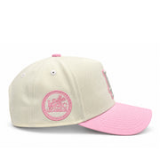 Side view of Dodgers 1980 All-Star Game Chrome Pink 9FORTY A-Frame hat showing pink embroidered Los Angeles 1980 side patch