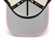 Undervisor view of New Era Dodgers Chrome Pink 9FORTY A-Frame snapback featuring gray undervisor, pink trim and branded interior taping