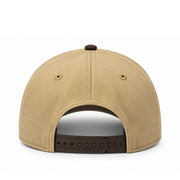 Rear view of the New Era Dodgers World Series Champions khaki 9FORTY A-Frame hat with walnut brown top button and adjustable brown snapback closure
