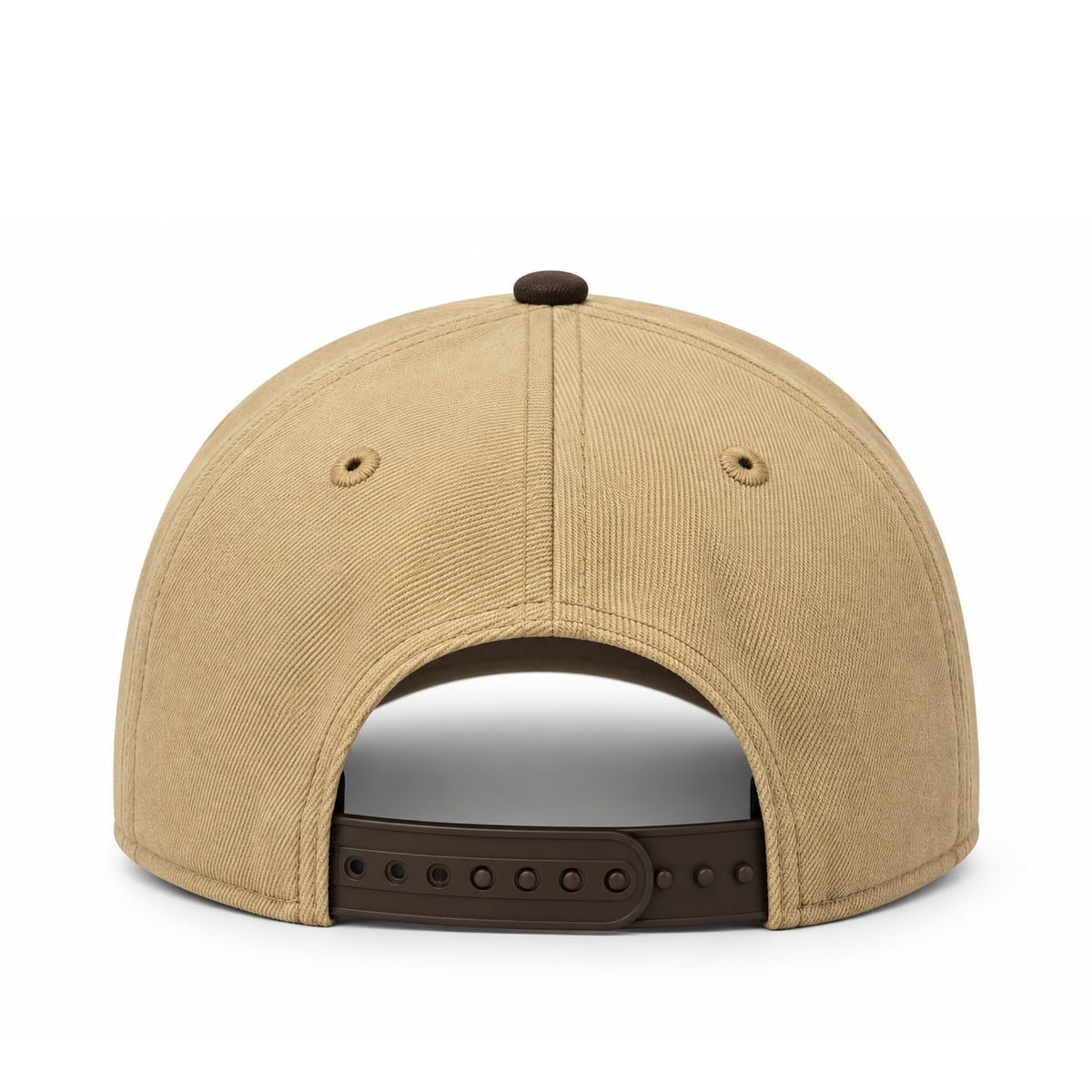 Rear view of the New Era Dodgers World Series Champions khaki 9FORTY A-Frame hat with walnut brown top button and adjustable brown snapback closure