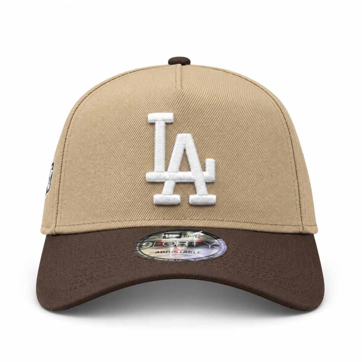 Front view of the New Era Los Angeles Dodgers 9FORTY A-Frame snapback featuring a khaki crown, raised white LA logo and walnut brown curved visor