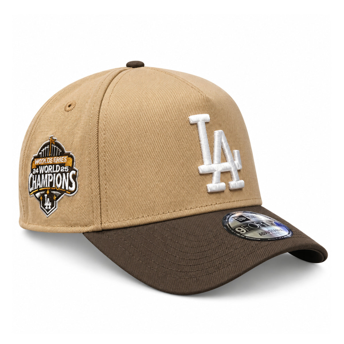New Era Los Angeles Dodgers Back-to-Back World Series Champions 9FORTY A-Frame snapback in khaki and walnut brown with white LA embroidery and championship side patch