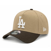 Opposite three-quarter view of the khaki and walnut Dodgers 9FORTY A-Frame snapback showing the white New Era flag embroidery and curved brown visor