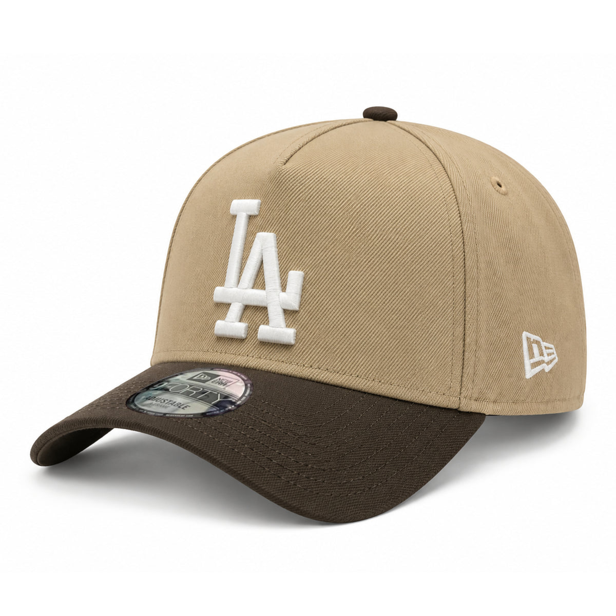 Opposite three-quarter view of the khaki and walnut Dodgers 9FORTY A-Frame snapback showing the white New Era flag embroidery and curved brown visor