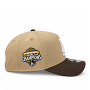 Side view of the New Era Dodgers khaki and walnut 9FORTY A-Frame hat featuring the 2024 and 2025 Back-to-Back World Series Champions embroidered patch