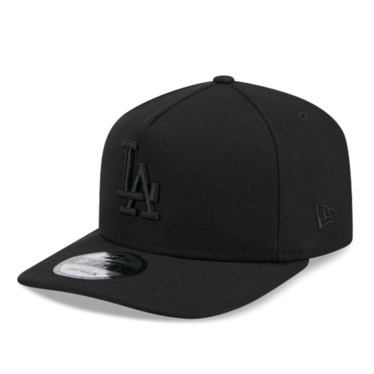 New Era Los Angeles Dodgers black on black 9FIFTY A-Frame snapback hat front view with black LA logo