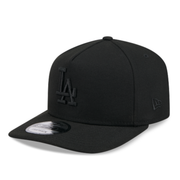 New Era Los Angeles Dodgers black on black 9FIFTY A-Frame snapback hat front view with black LA logo