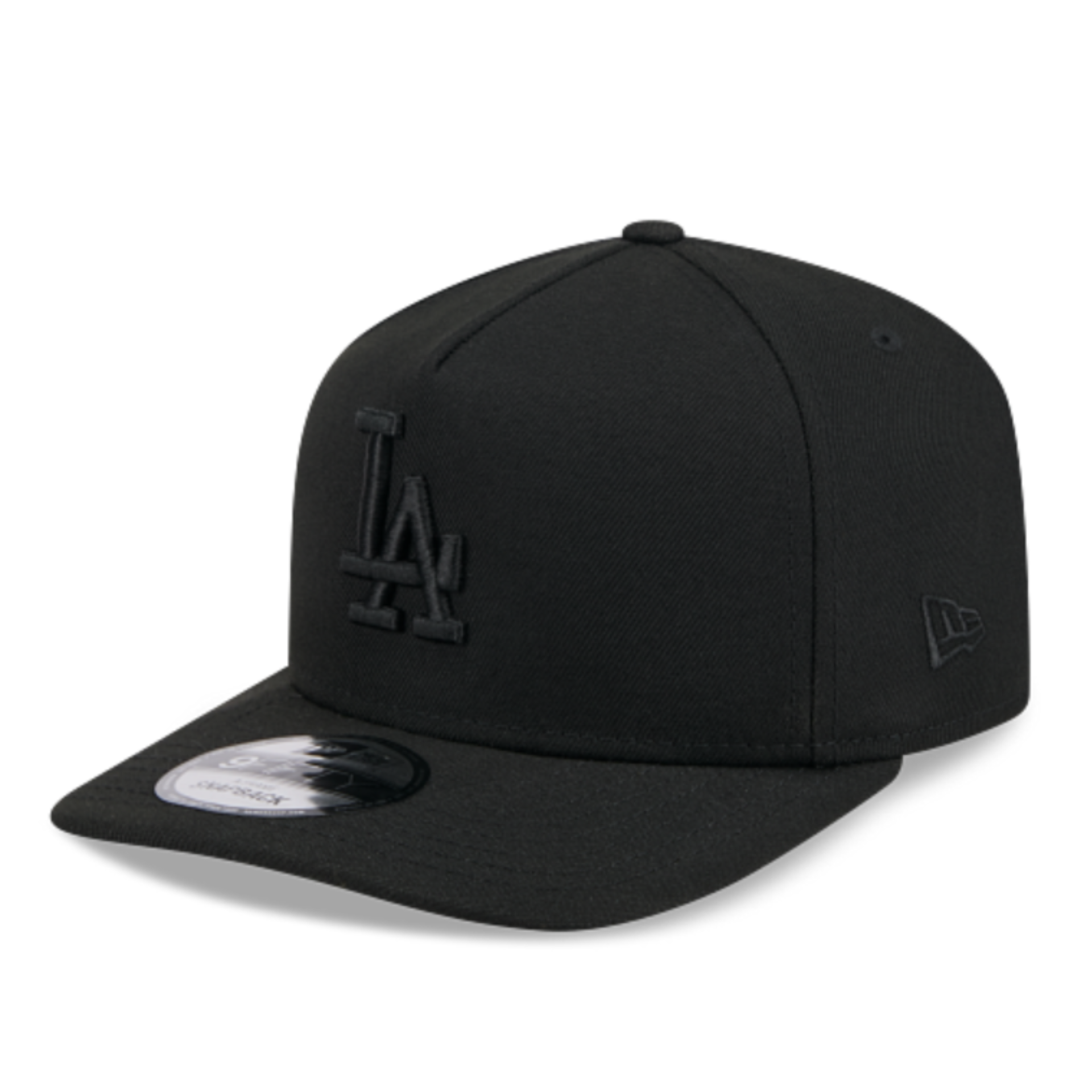 New Era Los Angeles Dodgers black on black 9FIFTY A-Frame snapback hat front view with black LA logo