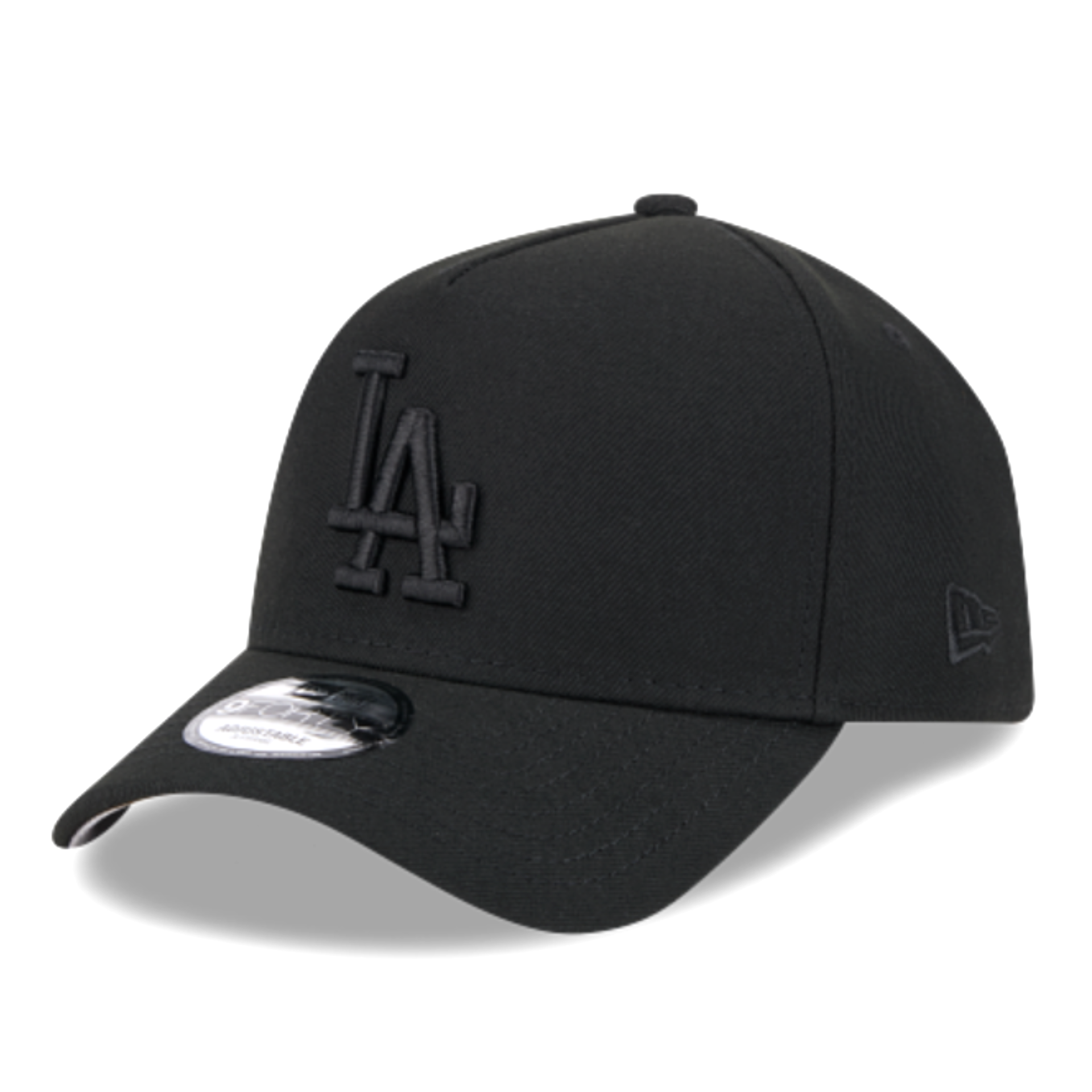 New Era Los Angeles Dodgers black on black 9FORTY A-Frame snapback hat front view with black LA logo