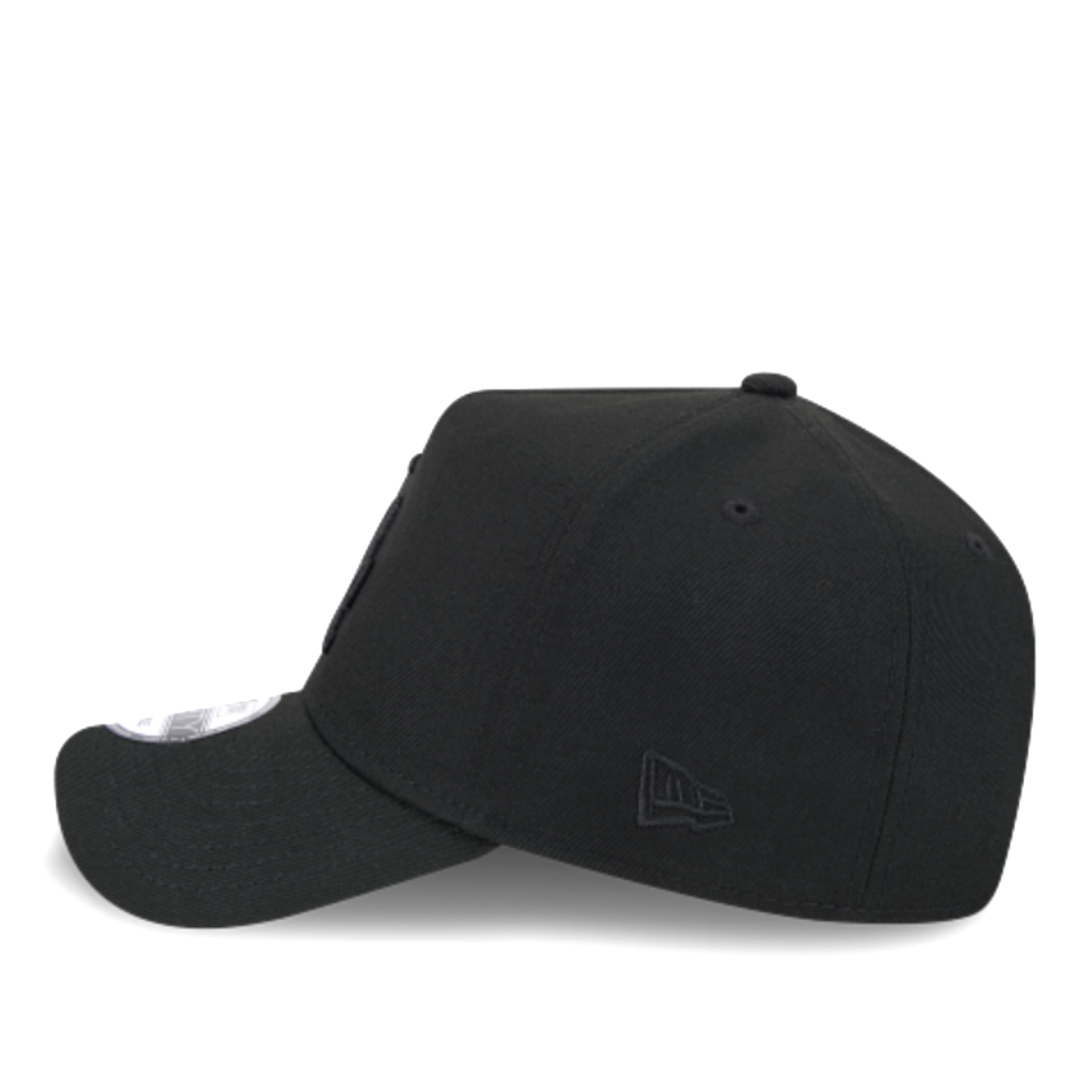 New Era Los Angeles Dodgers black on black 9FORTY A-Frame snapback hat side view with black New Era flag logo