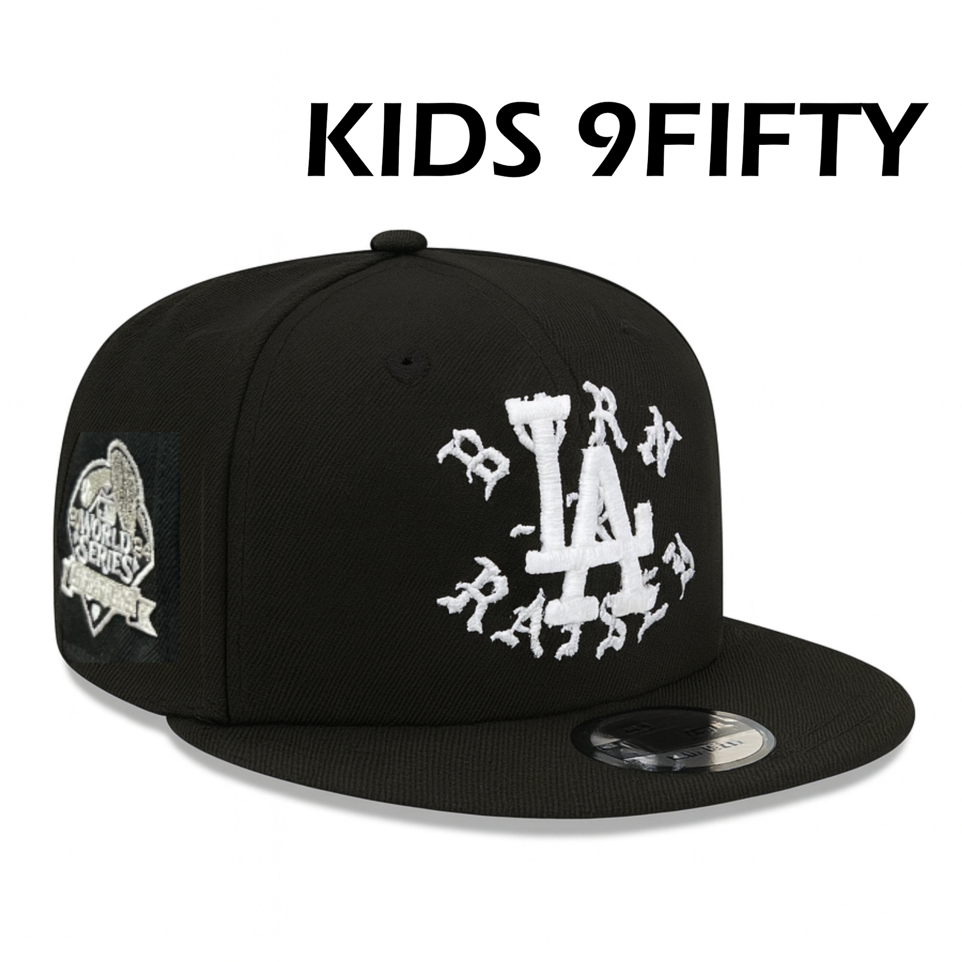 New Era Los Angeles Dodgers Born X Raised 2024 World Series black Kids 9FIFTY snapback hat front view